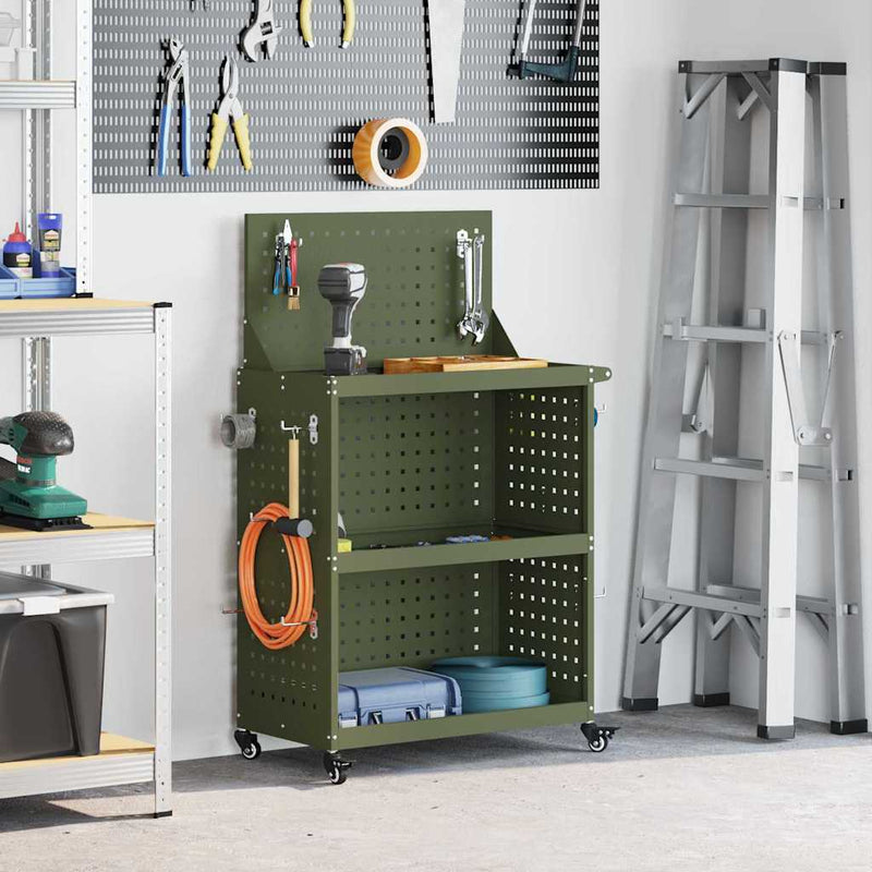 Afbeelding laden in galerijviewer, Vidaxl gereedschapswagen met plank olijf groen 65 x 35 x 111 cm
