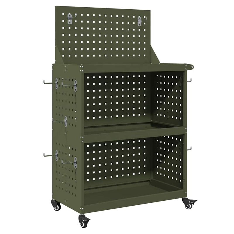 Afbeelding laden in galerijviewer, Vidaxl gereedschapswagen met plank olijf groen 65 x 35 x 111 cm
