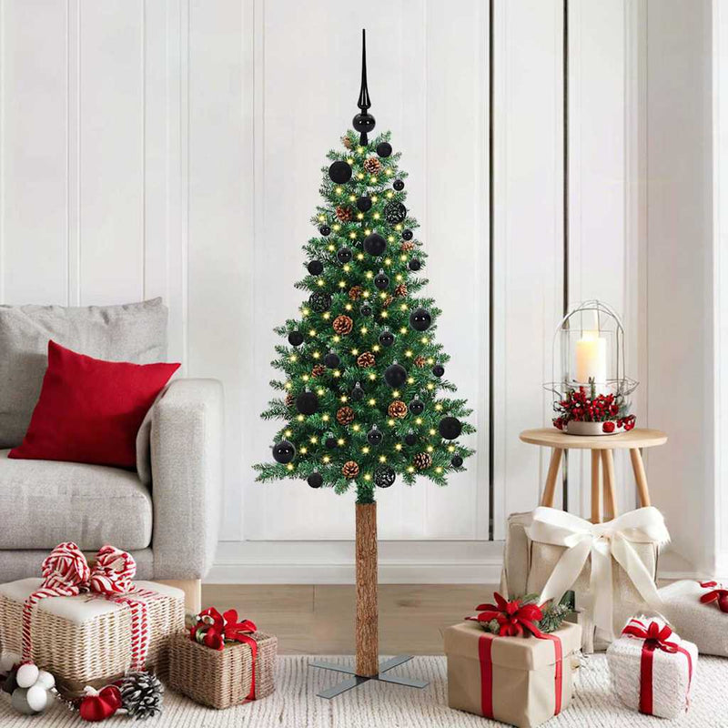 Afbeelding laden in galerijviewer, Vidaxl slanke kerstboom groen 150 cm pvc en massief dennenhout
