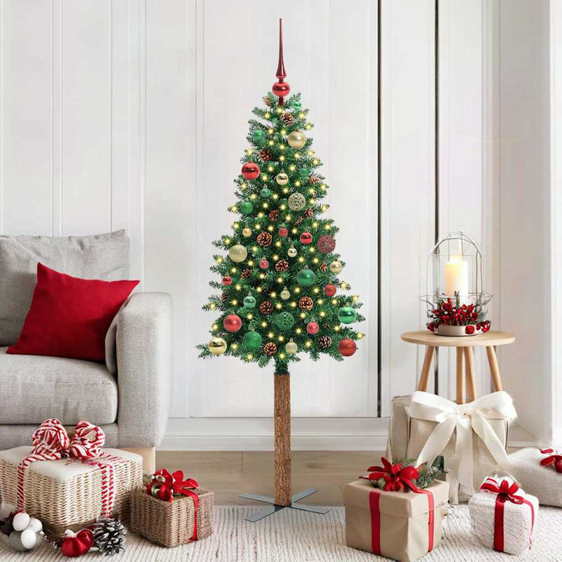 Afbeelding laden in galerijviewer, Vidaxl slanke kerstboom groen 150 cm pvc en massief dennenhout

