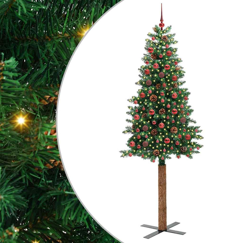 Afbeelding laden in galerijviewer, Vidaxl slanke kerstboom groen 210 cm pvc en massief dennenhout
