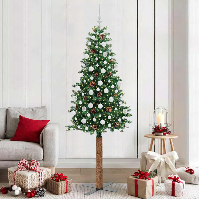 Afbeelding laden in galerijviewer, Vidaxl slanke kerstboom groen 210 cm pvc en massief dennenhout
