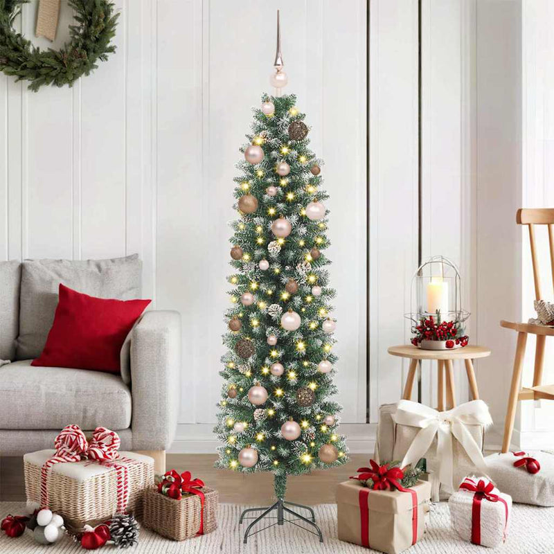 Afbeelding laden in galerijviewer, Vidaxl kunstmatige slanke kerstboom met 150 led groen en wit 150 cm
