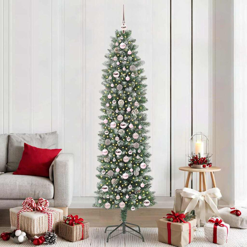 Afbeelding laden in galerijviewer, Vidaxl kunstmatige slanke kerstboom groen en wit 210 cm
