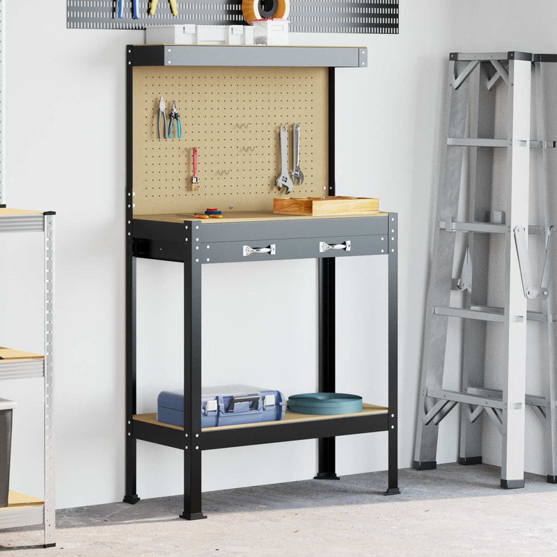 Afbeelding laden in galerijviewer, Vidaxl werkbank met lade met plank zwart 81 x 41 x 145 cm metaal
