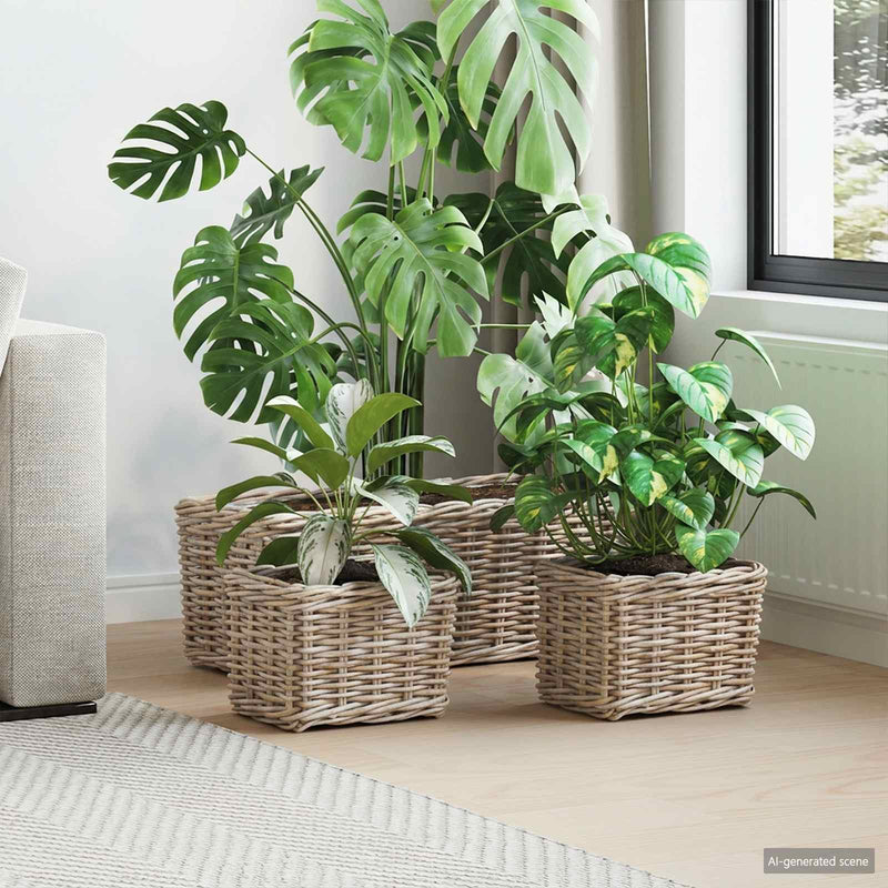 Afbeelding laden in galerijviewer, Vidaxl plantenmand met opslag 3 pcs grijs kubu rattan
