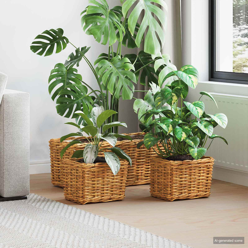 Afbeelding laden in galerijviewer, Vidaxl plantenmand met opslag 3 pcs bruin kubu rattan
