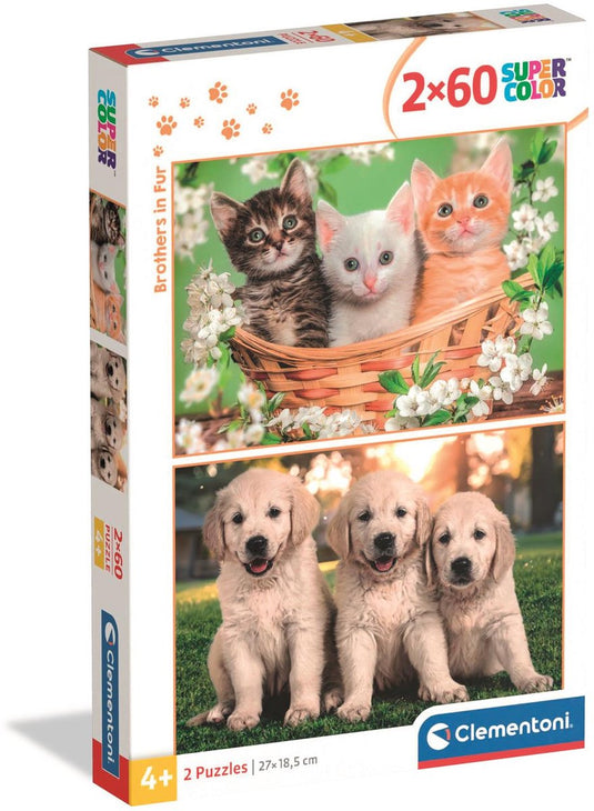 Clementoni - puzzel - 2x60 stukjes - brothers in fur - puzzel voor kinderen - vanaf 4 jaar
