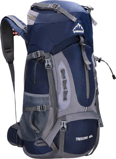 Springos backpack - rugzak - multifunctioneel - kamperen - reizen - regenhoes - fluitje - 60 liter - grijs blauw