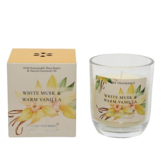 Decoris geurkaars in glas witte musk en warme vanille 20% shea butter wax dia7,8x9cm 20 branduren