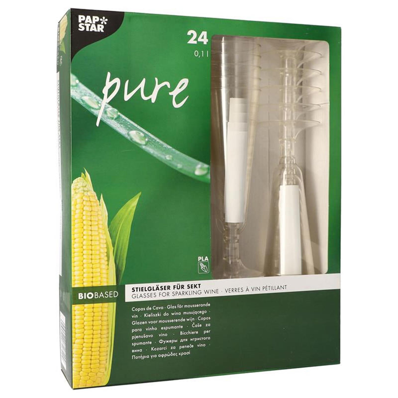 Afbeelding laden in galerijviewer, Papstar 24 glazen voor mousserende wijn pure 100ml ø5,5x16,5cm glashelder gemaakt van recyclebaar pla plantaardige bioplastic
