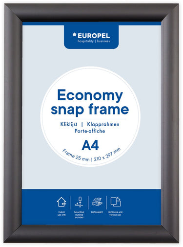 Europel economy kliklijst – posterlijst – a4 – 21 x 29,7 cm – 25mm – aluminium – zwart