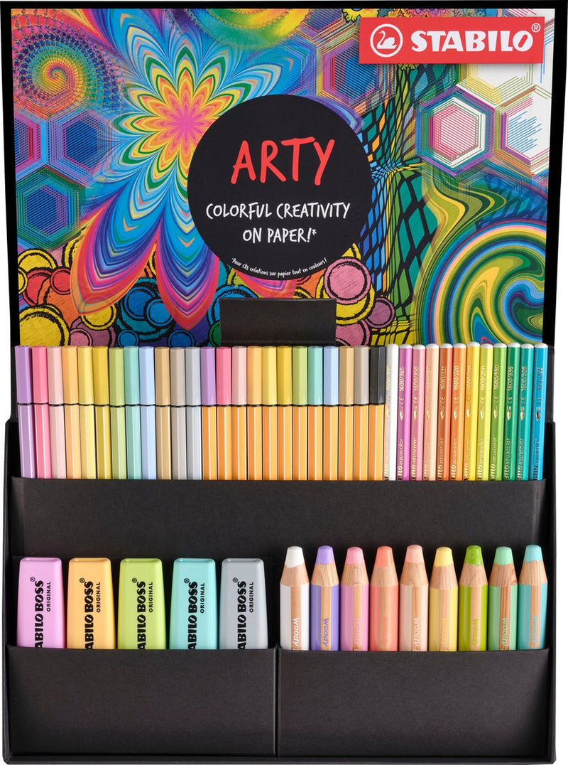 Afbeelding laden in galerijviewer, Stabilo boss original, woody 3 in 1, aquacolor, pen 68 en point 88 - creative arty mix set in luxe box - met 50 stuks
