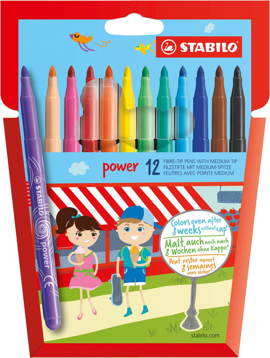Stabilo power - viltstift - tot 8 weken zonder dop - etui met 12 kleuren