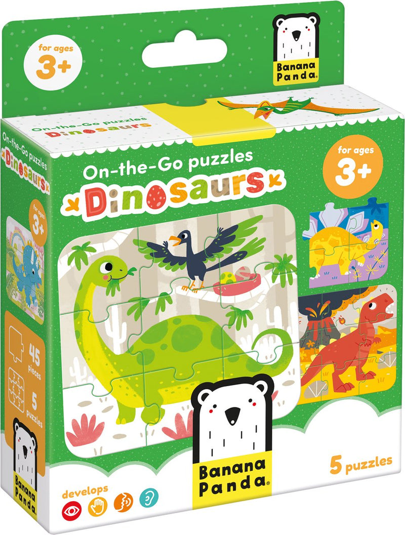 Afbeelding laden in galerijviewer, Banana panda on-the-go puzzel dinosaurussen 3+ - vijf puzzels van 9 stukjes - leuk dino puzzel speelgoed.
