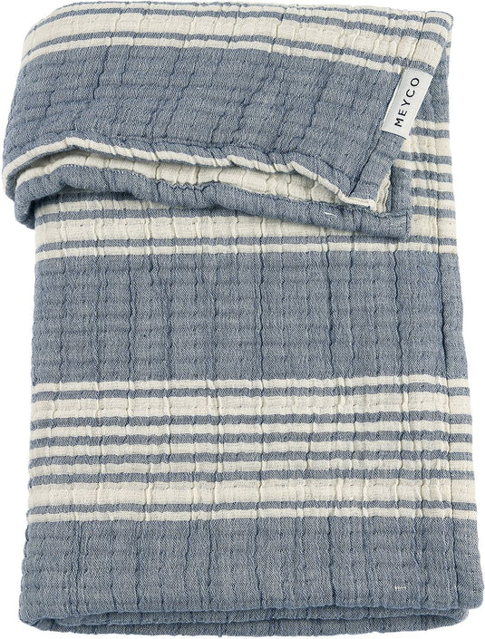Meyco baby stripe jacquard wiegdeken - pre-washed hydrofiel - indigo - 75x100cm - 1.5 tog