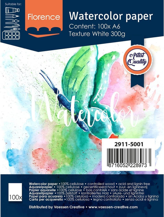 Florence vaessen aquarelpapier - intens white - a6 - 300 grams - lichte structuur - texture - florence - 100 vellen