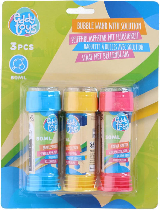 Eddy toys bellenblaas set 3 stuks - bellenblaas met vloeistof voor kinderen - bubble wand with solution in diverse kleuren - 50ml per stuk