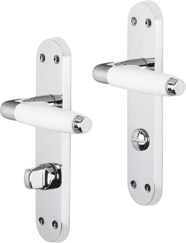 Impresso deurkruk - durban - voor binnen - ovaal deurschild met schroeven en toiletsluiting - chroom - wit - 2 stuks