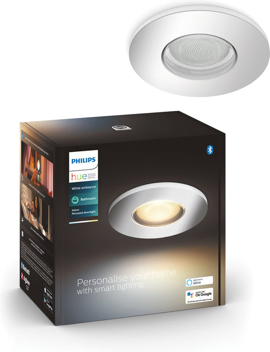 Philips hue adore - led inbouwspot - badkamerverlichting - gu10 fitting - bevat 1 inbouwspot incl. lamp - aanpasbaar wit licht - chrome - ip44: spatwaterdicht - ø 930mm - slimme verlichting