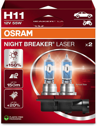 Osram night breaker laser - h11 halogeen autolampen – tot 150% meer licht en 150m zicht - 64211nl-2hb - duitse kwaliteit - set 2 lampen