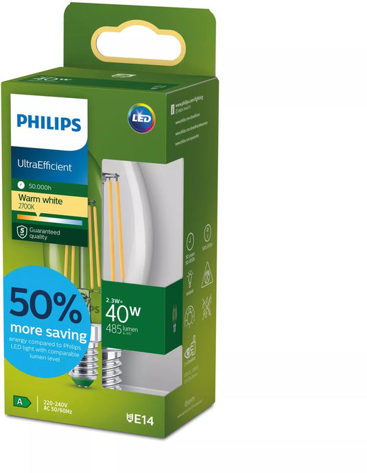 Philips led philips ultra efficient led kaarslamp transparant - 40 w - e14 - warmwit licht - energielabel a