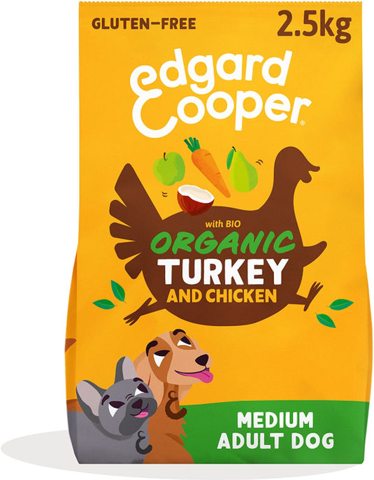 Edgard cooper adult hondenbrokken voor medium honden, biologische kalkoen kip 2.5kg, biorecept met vers vlees vol eiwitten, met natuurlijke ingrediënten