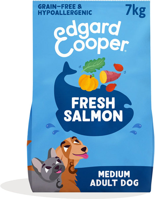 Edgard cooper adult hondenbrokken voor medium honden, verse zalm, 7kg, hypoallergeen recept met natuurlijke ingrediënten, perfecte vezelbalans