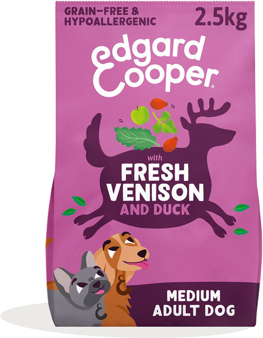 Edgard cooper adult hondenbrokken voor medium honden, verse hert eend, 2.5kg, graanvrij en hypoallergeen recept met natuurlijke ingrediënten, perfecte vezelbalans