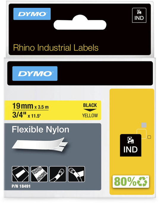 Labeltape dymo rhino zwart op geel 19mm x 3.5m