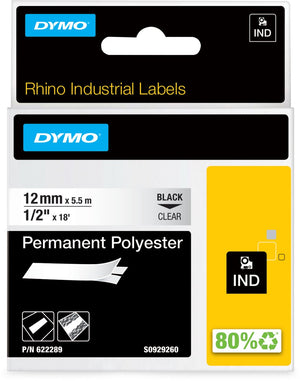 Dymo rhino industriële labels | permanent polyester | 12 mm x 3,5 m | zwarte afdruk op transparant | zelfklevende labels voor rhino labelmanager labelprinters