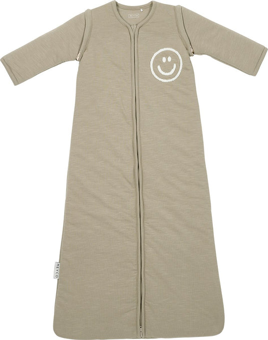 Meyco baby slub met smile applicatie baby slaapzak met afritsbare mouwen - taupe offwhite - 90cm - 2.5 tog