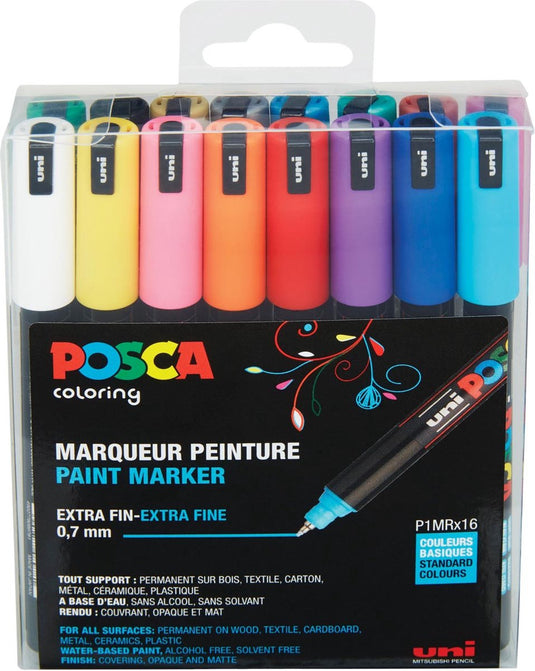 Posca uni-ball paint marker extra fine op waterbasis pc-1mr doos van 16 stuks in geassorteerde kleuren