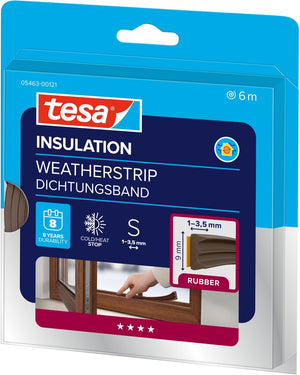 Tesa moll® e-profiel tochtstrip - zelfklevend - rubber - voor ramen en deuren - 6 m x 9 mm - kieren 1-3,5 mm - energiebesparend - bruin