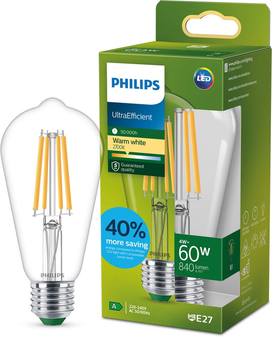 Philips led philips ultra efficient led lamp edison transparant - 60 w - e27 - warmwit licht