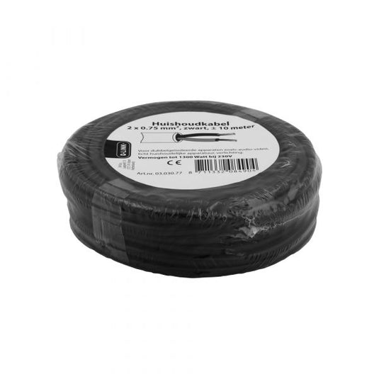 Q-link huishoudsnoer 2x0.75 zwart 10 meter.