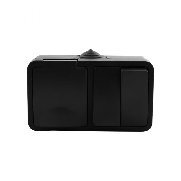Afbeelding laden in galerijviewer, Q-link - wandcontactdoos - opbouw - 1-voudig stopcontact - dubbel serieschakelaar - spatwaterdicht ip54 - randaarde - kinderbeveiliging - mat zwart
