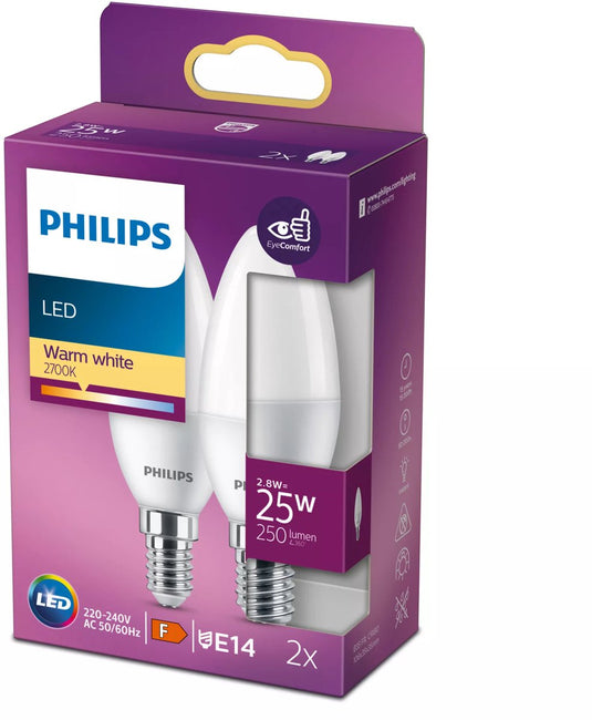 Philips led energiezuinige kaars mat - 25 w - e14 - warmwit licht - 2 stuks - bespaar op energiekosten