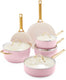 Greenpan padova aluminium pannenset 10-delig - ø18cm-28cm - pfas-vrij - inductie - ovenbestendig tot 200 graden - gouden rvs handgrepen - roze - incl deksels