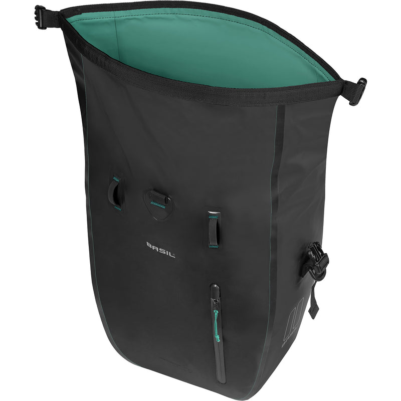 Afbeelding laden in galerijviewer, Basil enkele fietstas rivo l tarpaulin mik 25-31l 14 x 28 x 43 cm - zwart
