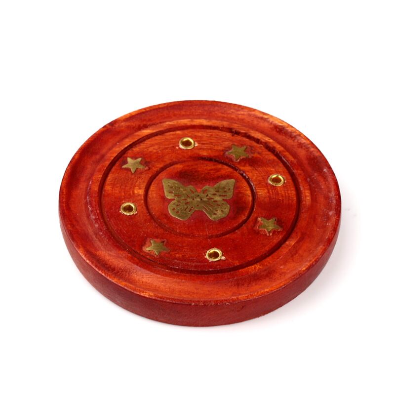Afbeelding laden in galerijviewer, Mango hout ronde wierookhouder vlinder inleg
