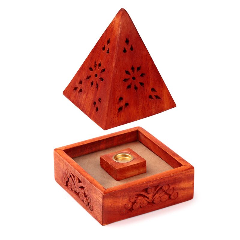 Afbeelding laden in galerijviewer, Mango hout piramide wierookhouder kegels bloem lijstwerk

