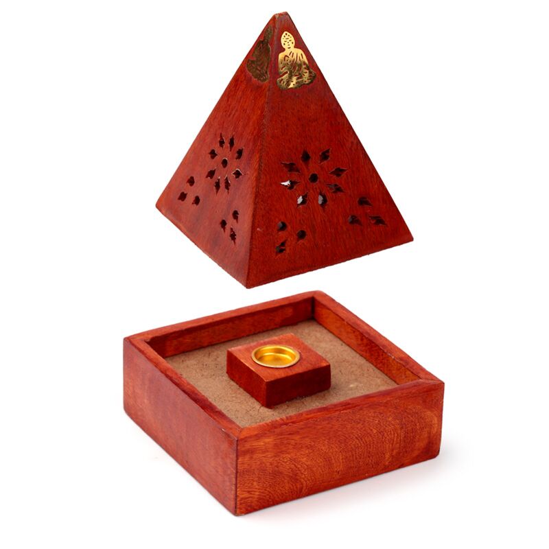 Afbeelding laden in galerijviewer, Mango hout piramide wierookhouder kegels boeddha
