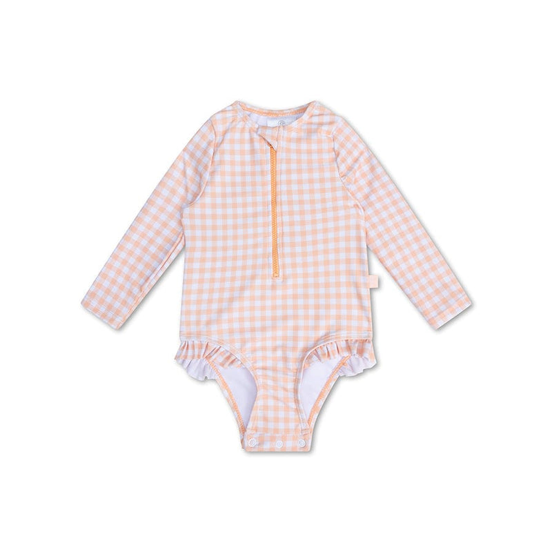 Afbeelding laden in galerijviewer, Sunset grid | oranje wit meisjes uv badpak met lange mouwen

