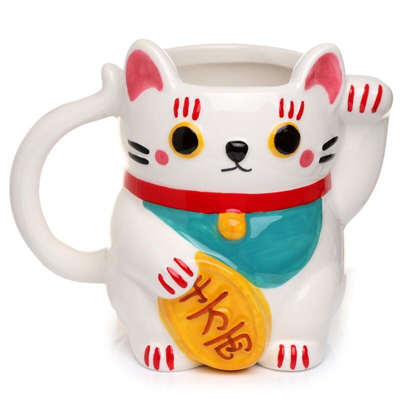 Afbeelding laden in galerijviewer, Witte maneki neko gelukskat gevormde keramiek mok
