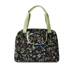 Basil Wanderlust Carry All Bag - zwarte fietshandtas met kleurrijke vogelprint