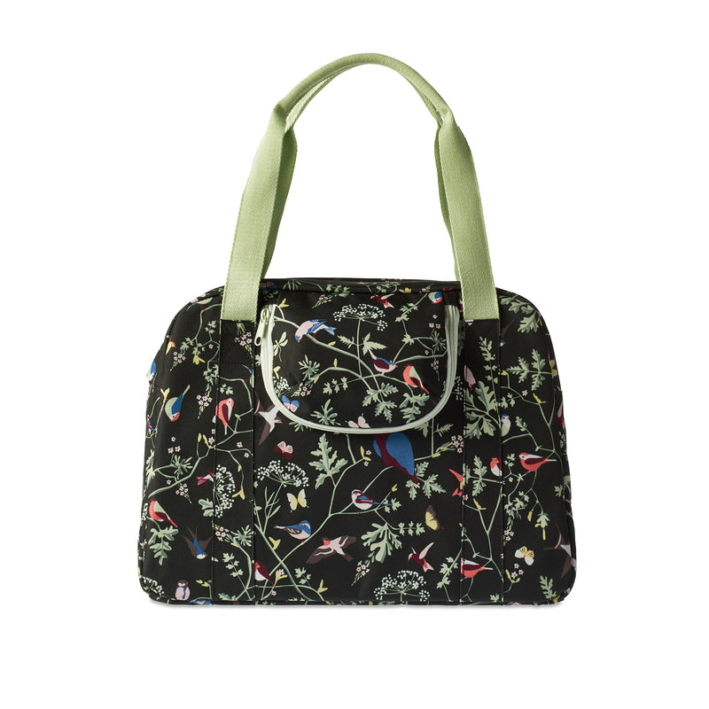 Afbeelding laden in galerijviewer, Basil Wanderlust Carry All Bag - zwarte fietshandtas met kleurrijke vogelprint
