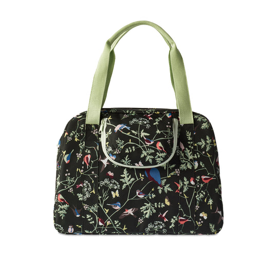Basil Wanderlust Carry All Bag - zwarte fietshandtas met kleurrijke vogelprint