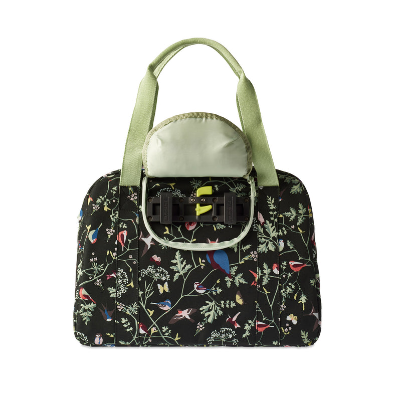 Afbeelding laden in galerijviewer, Basil Wanderlust Carry All Bag - zwarte fietshandtas met kleurrijke vogelprint
