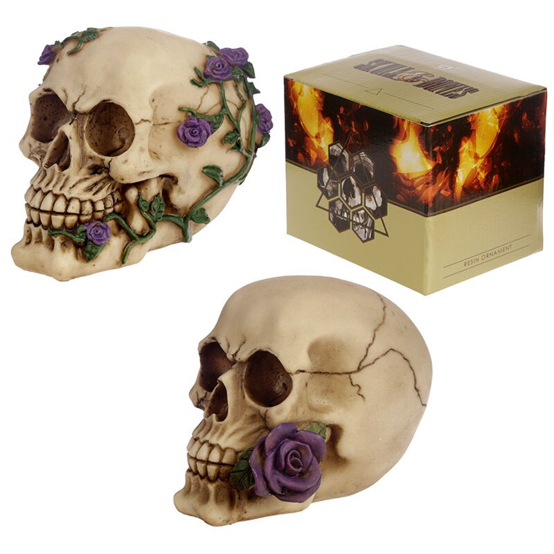 Afbeelding laden in galerijviewer, Schedel beenderen met paarse rozen woonaccessoire
